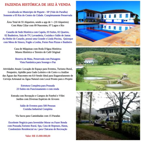 imagem 3 - Fazenda Histórica de 1832 / Mobiliada, porteira fechada / Escriturada / Piscinas / Lagos / Nascentes / A 03 KM do centro de Piquete. imagem 3 - Fazenda Histórica de 1832 / Mobiliada, porteira fechada / Escriturada / Piscinas / Lagos / Nascentes / A 03 KM do centro de Piquete.